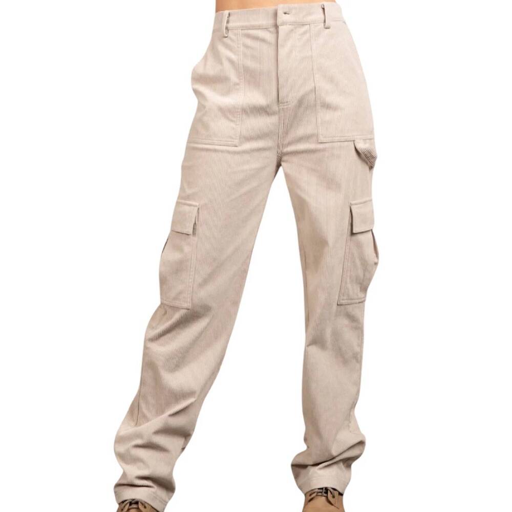 NEW VERY J women's carpenter corduroy cargo pants in beige - Picture 1 of 2